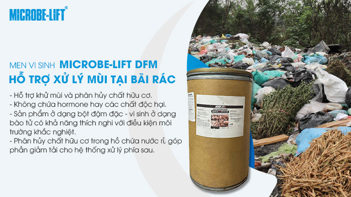 MICROBE-LIFT DFM ứng dụng quần thể Bacillus đậm đặc, hỗ trợ phân hủy chất hữu cơ và hạn chế sự phát triển của nhóm vi khuẩn gây mùi, kiểm soát mùi hôi tại bãi rác. MICROBE-LIFT DFM ứng dụng quần thể Bacillus đậm đặc, hỗ trợ phân hủy chất hữu cơ và hạn chế sự phát triển của nhóm vi khuẩn gây mùi, kiểm soát mùi hôi tại bãi rác.